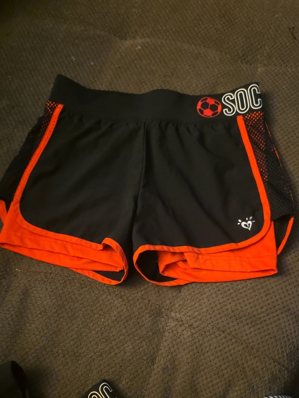 JUSTICE: Girls Black and Orange Athletic Shorts with Soccer Logo